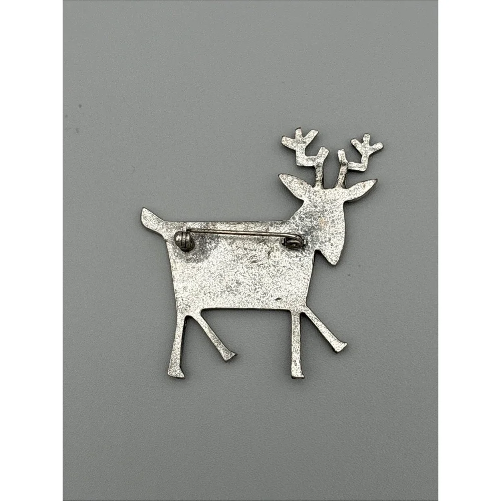 Pin Brooch Reindeer Silver Tone w Green Antlers & Red Body 2